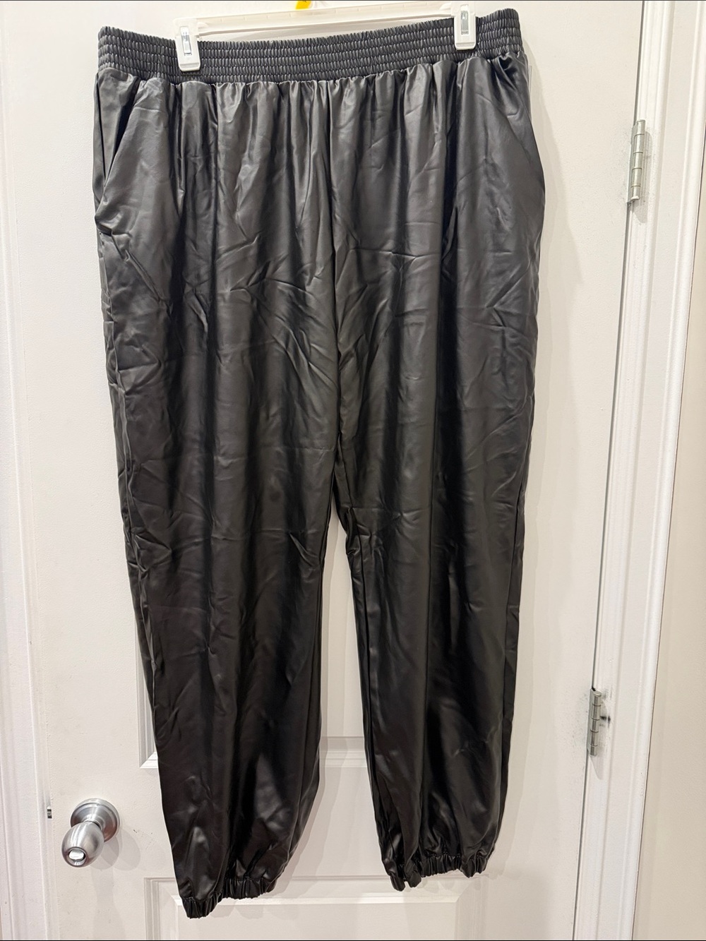 Women’s Black Elastic Waist Pleather Jogger Pants